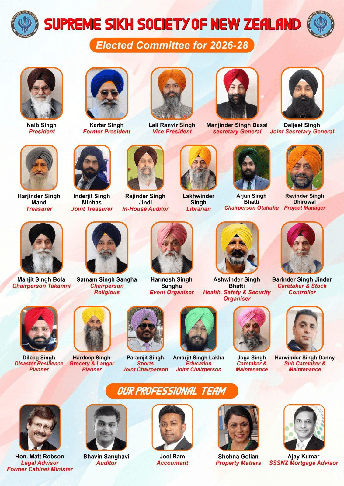 ਸੁਪਰੀਮ ਸਿੱਖ ਸੋਸਾਇਟੀ ਆਫ ਨਿਊਜ਼ੀਲੈਂਡ ਦੀ 2026–28 ਲਈ ਚੁਣੀ ਕਮੇਟੀ ਅਤੇ ਪ੍ਰੋਫੈਸ਼ਨਲ ਟੀਮ ਦਾ ਪੋਸਟਰ