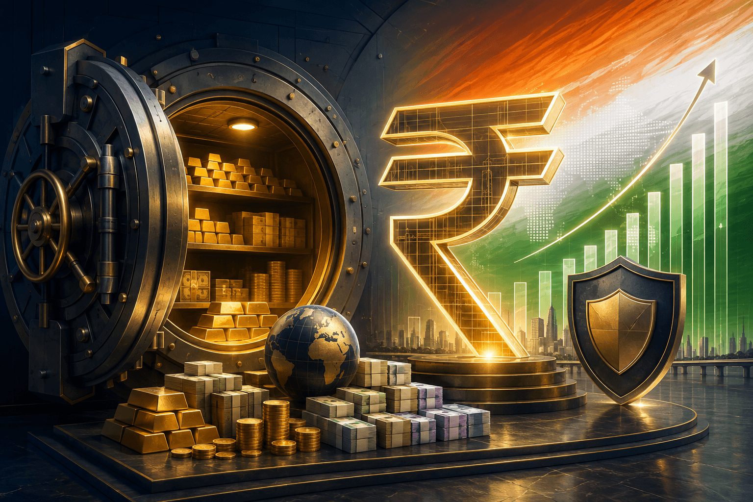 Editorial illustration of a rupee symbol, reserve vault, gold and rising financial chart in Indian colours
