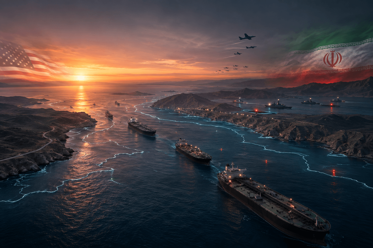 Editorial illustration of oil tankers navigating the Strait of Hormuz beneath US and Iranian flag motifs