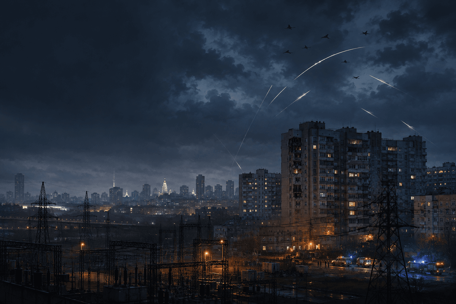 Editorial illustration of drones and air-defence trails above Kyiv apartment blocks and an electrical substation at night